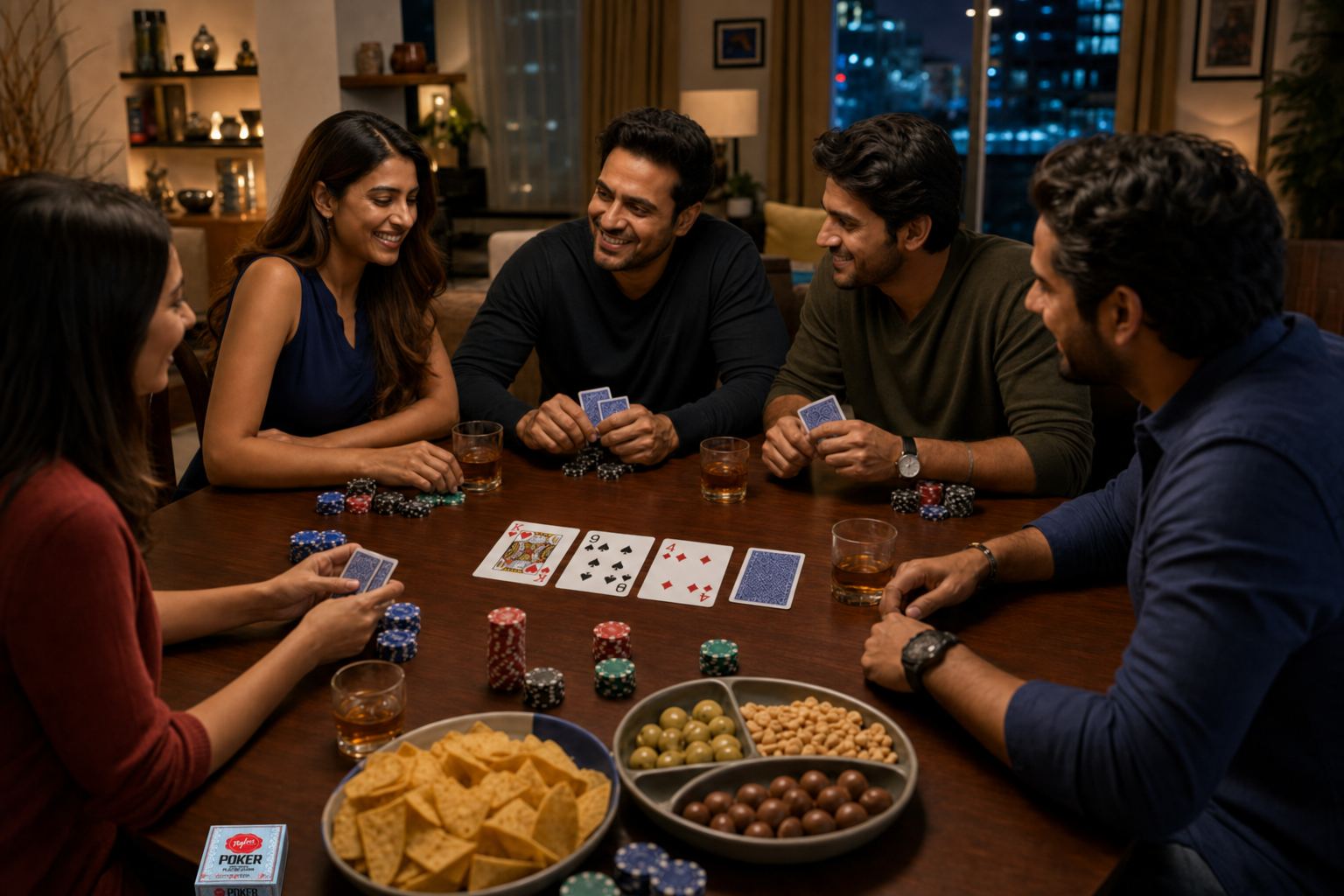 Five friends playing Texas Hold'em with Nylon Poker Blue cards — flop open and burn card face down
