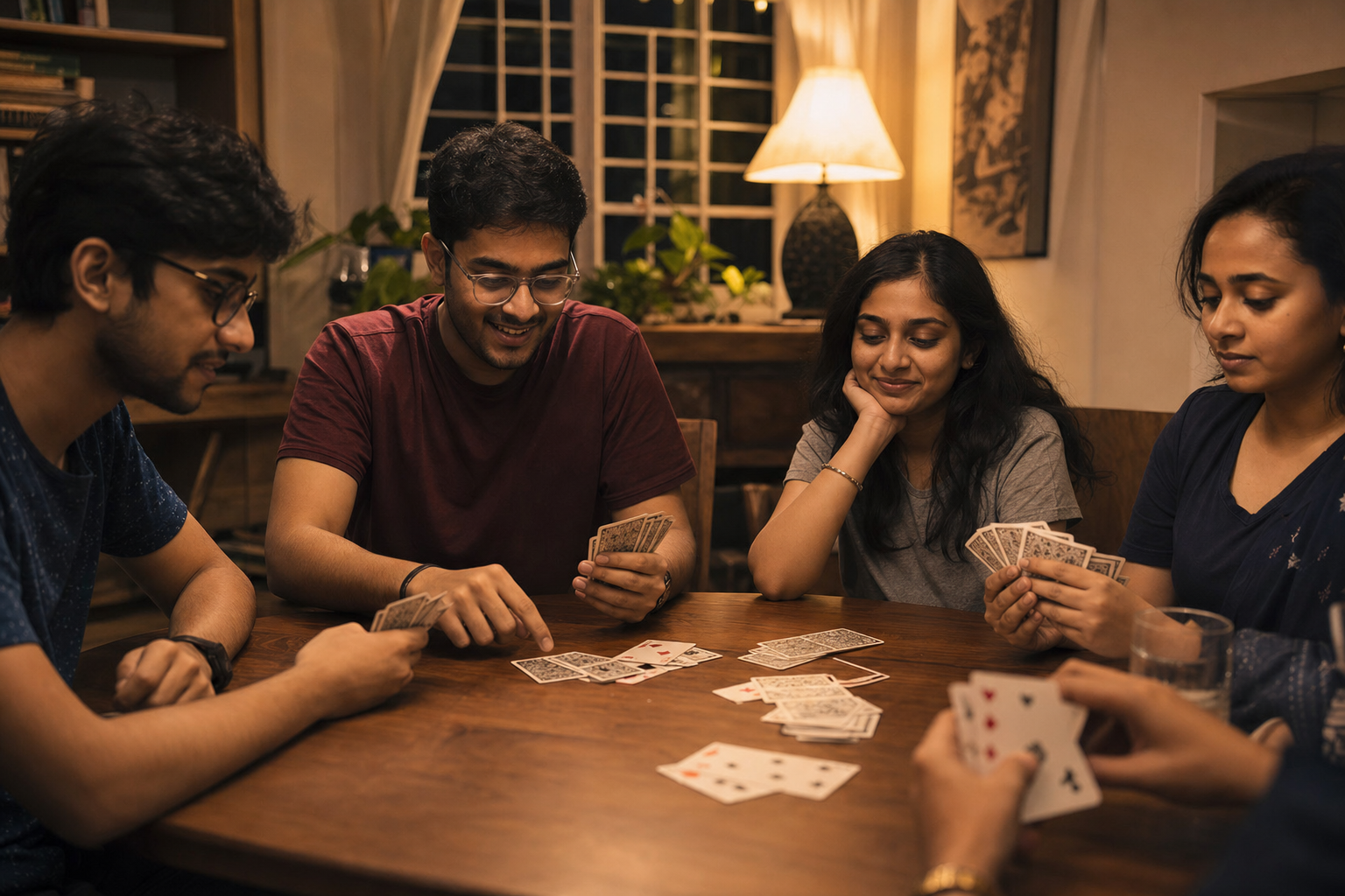 Players at a table during a multi-deal rummy session