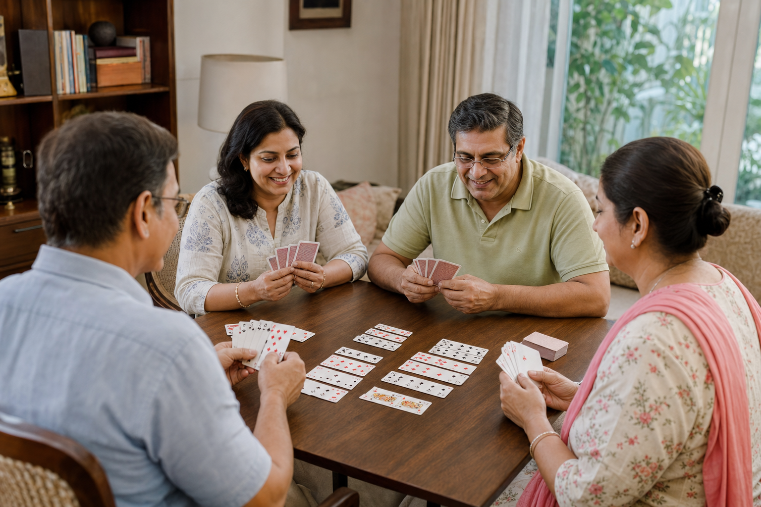 Player holding playing cards during a rummy-style game