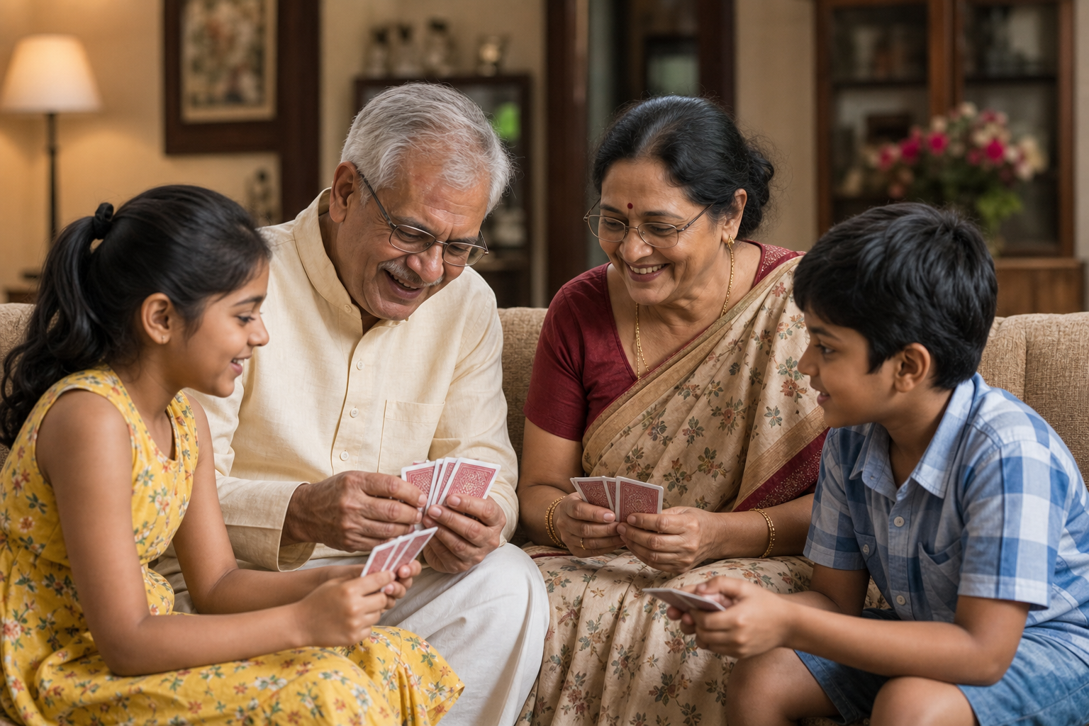 Multi-generational group enjoying a card game at the table