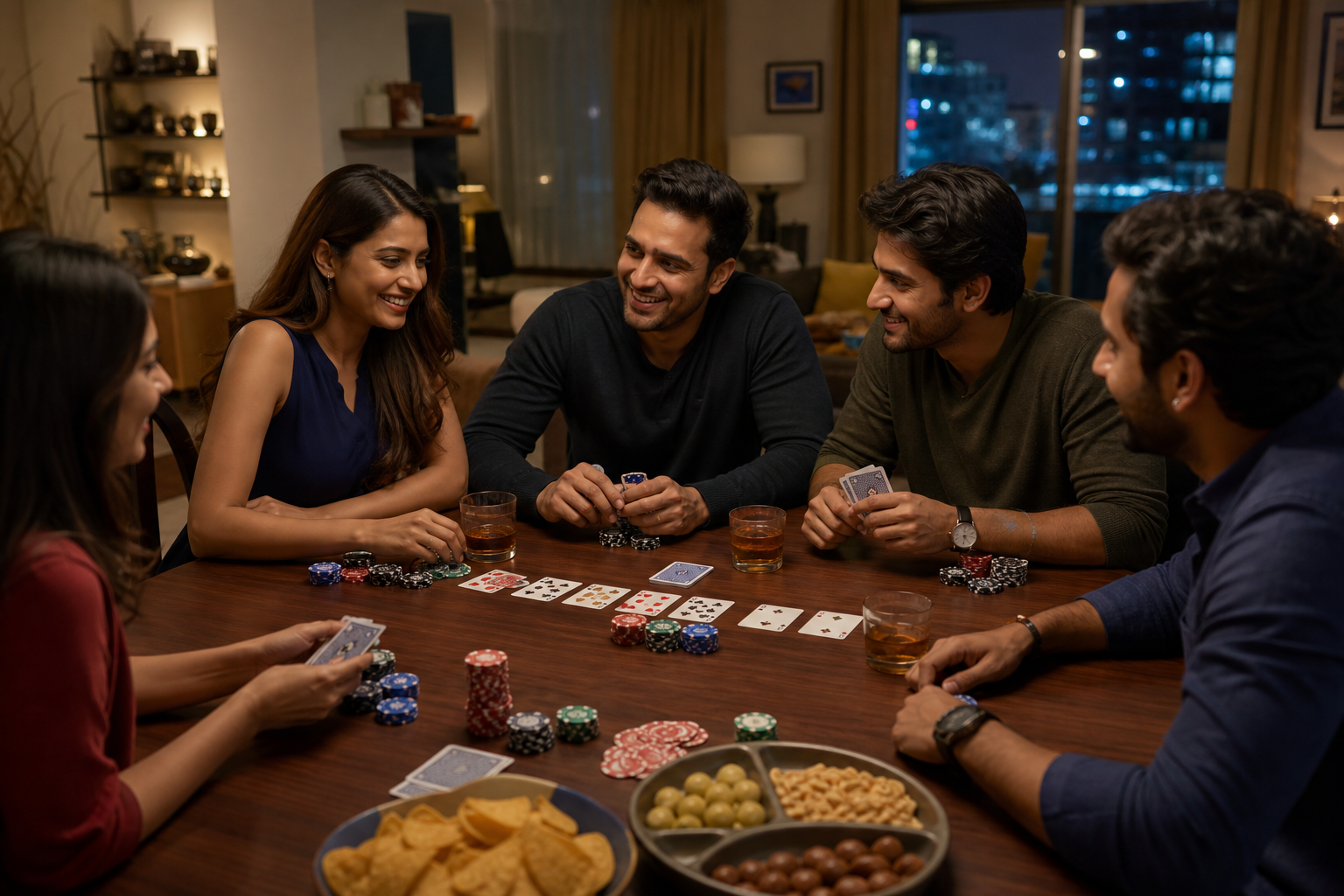Friends playing cards around a table for a home poker night