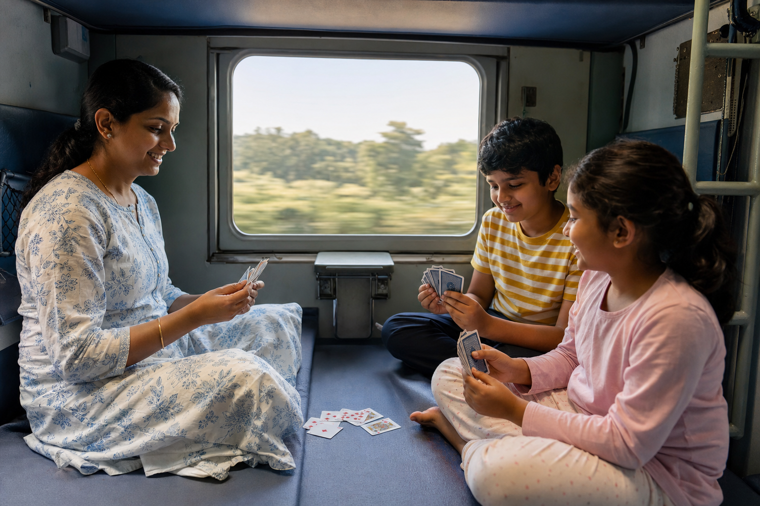 Young children seated together for a calm, portable card-game activity